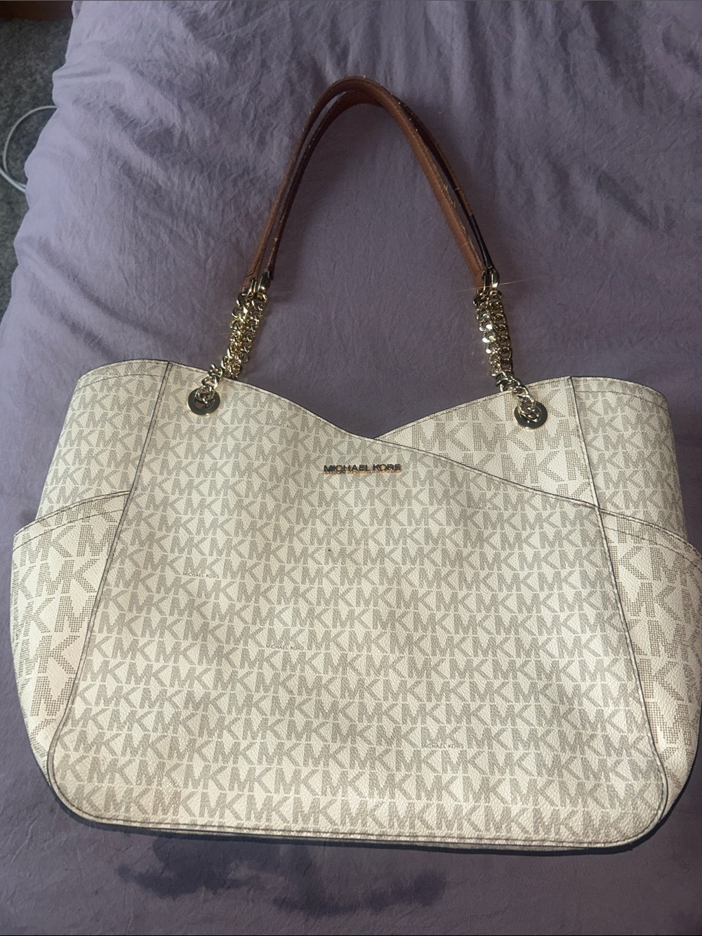 Michael Kors Cream MK Logo Chain-Handle Tote with Brown Straps